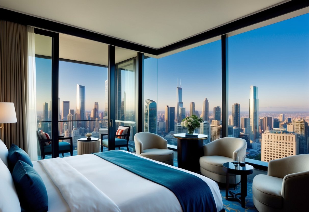 A luxurious hotel room with a plush bed, elegant furnishings, and a breathtaking view of the city skyline from a floor-to-ceiling window