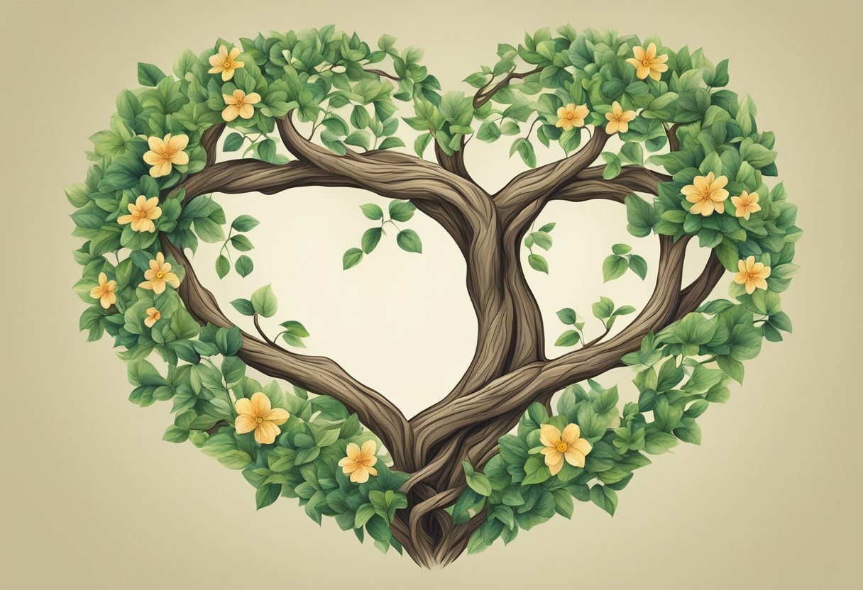 Two intertwined trees with entwined branches, forming a heart shape with leaves and flowers