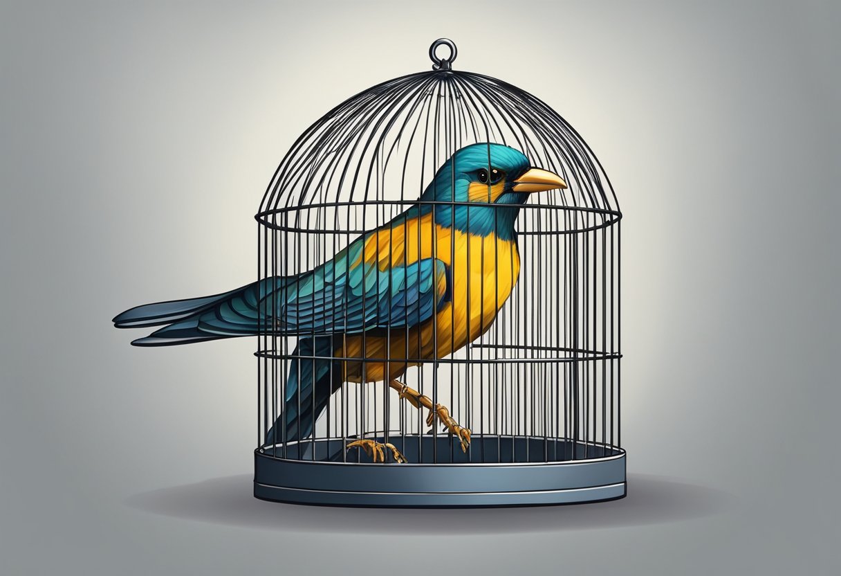 A bird trapped inside a small, confining cage, with its wings pressed against the bars, longing for freedom