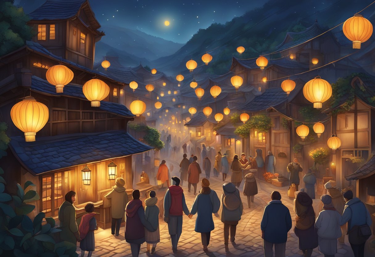 A cozy village with flickering lanterns and people helping each other