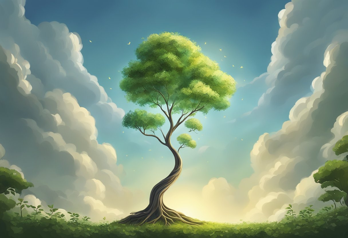 A tiny seedling grows into a towering tree, its branches reaching towards the sky, symbolizing the potential for great change