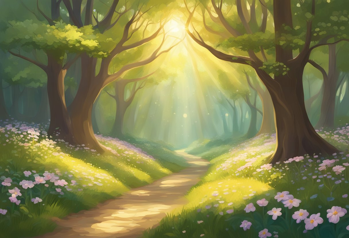 A serene woodland glade, with intertwined trees and blooming flowers, bathed in golden sunlight