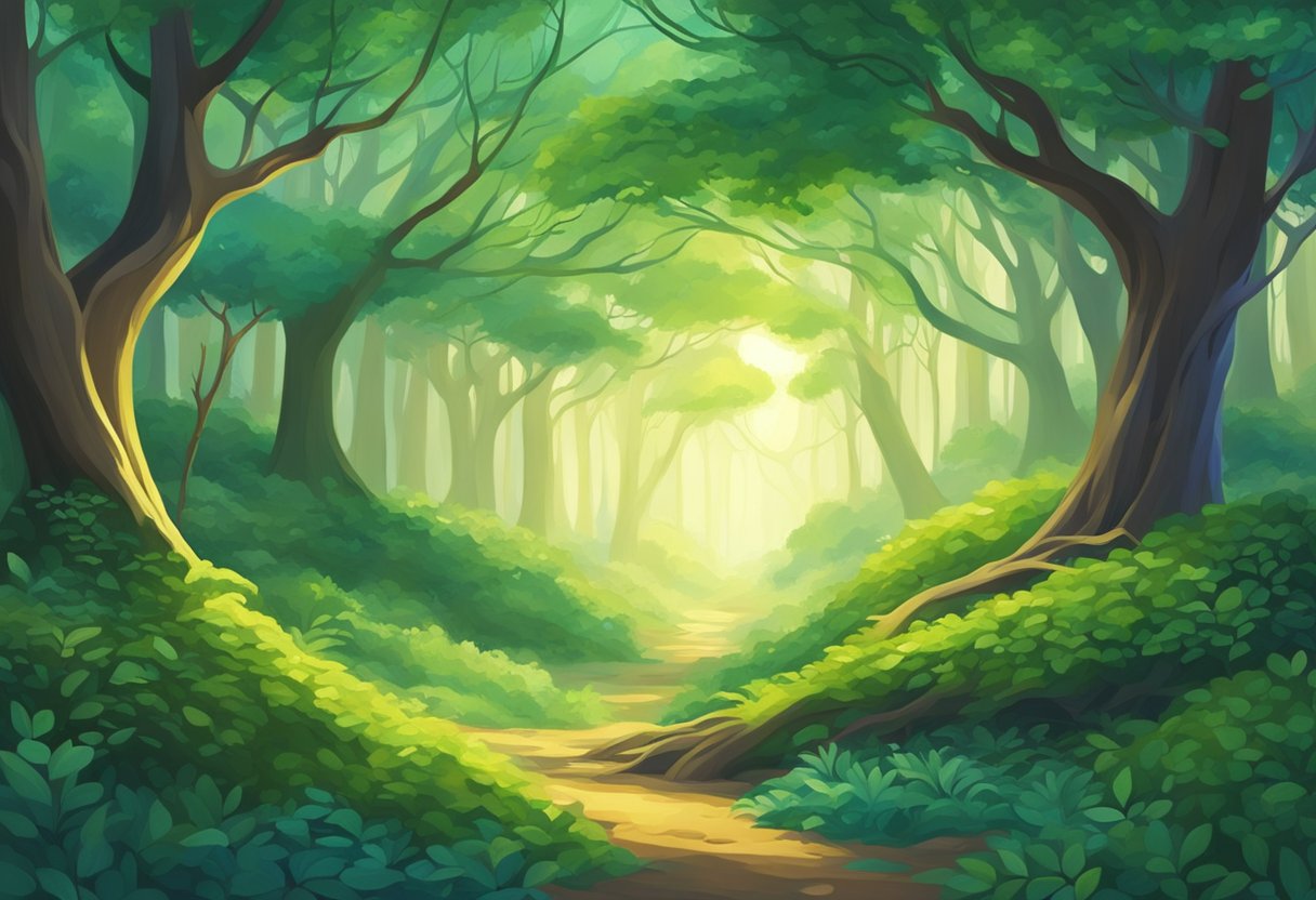 A serene forest with intertwining branches, surrounded by soft sunlight and vibrant greenery, evoking a sense of love and wisdom