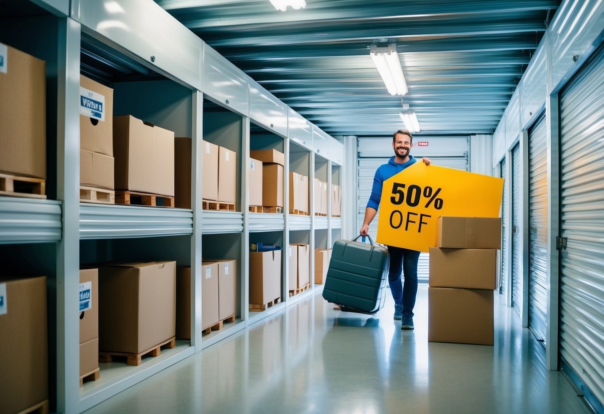 A brightly lit storage unit with neatly organized shelves and boxes, featuring a "50% off" sign and a happy customer carrying out a large item