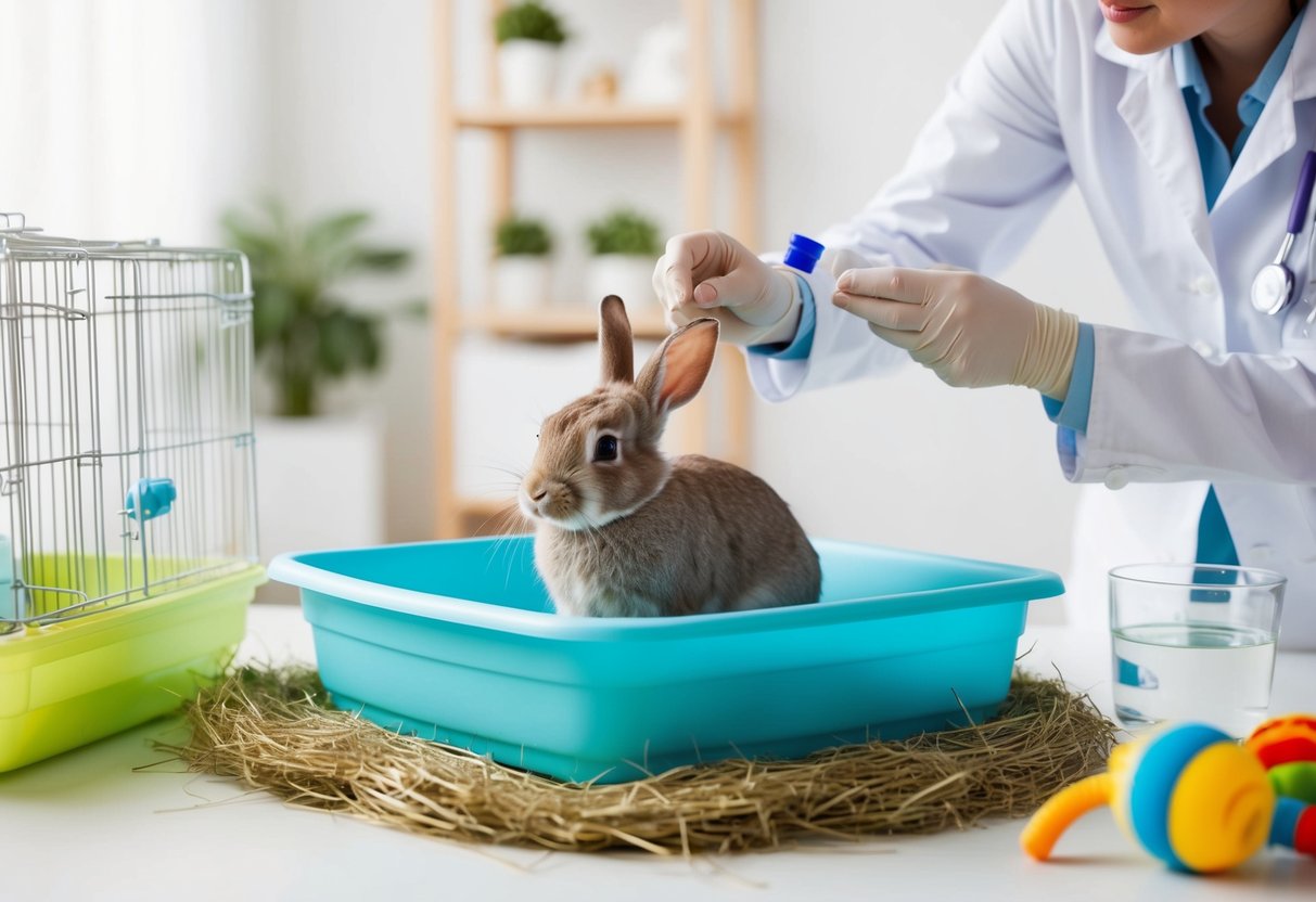 A rabbit sitting in a clean, spacious cage with a soft bed of hay, surrounded by toys and water, while a veterinarian applies flea prevention treatment