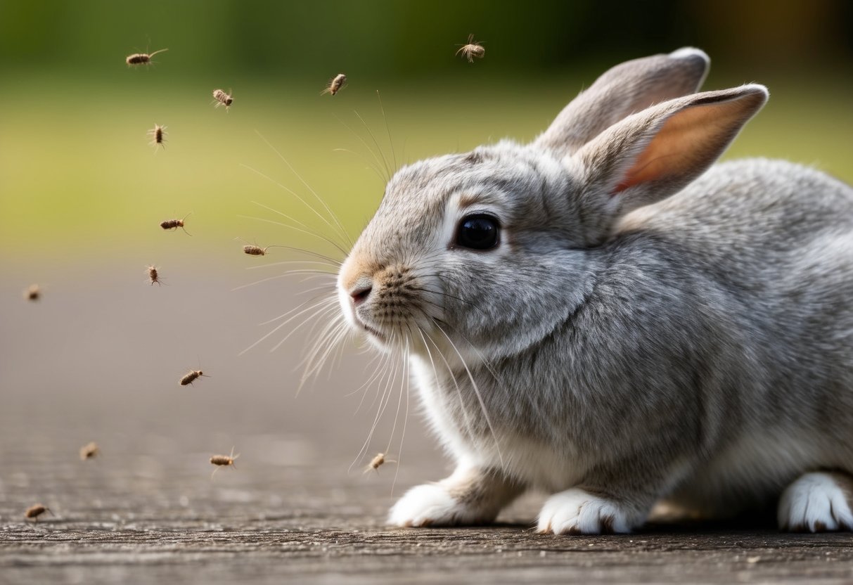 A pet rabbit scratching furiously while tiny fleas jump around its fur