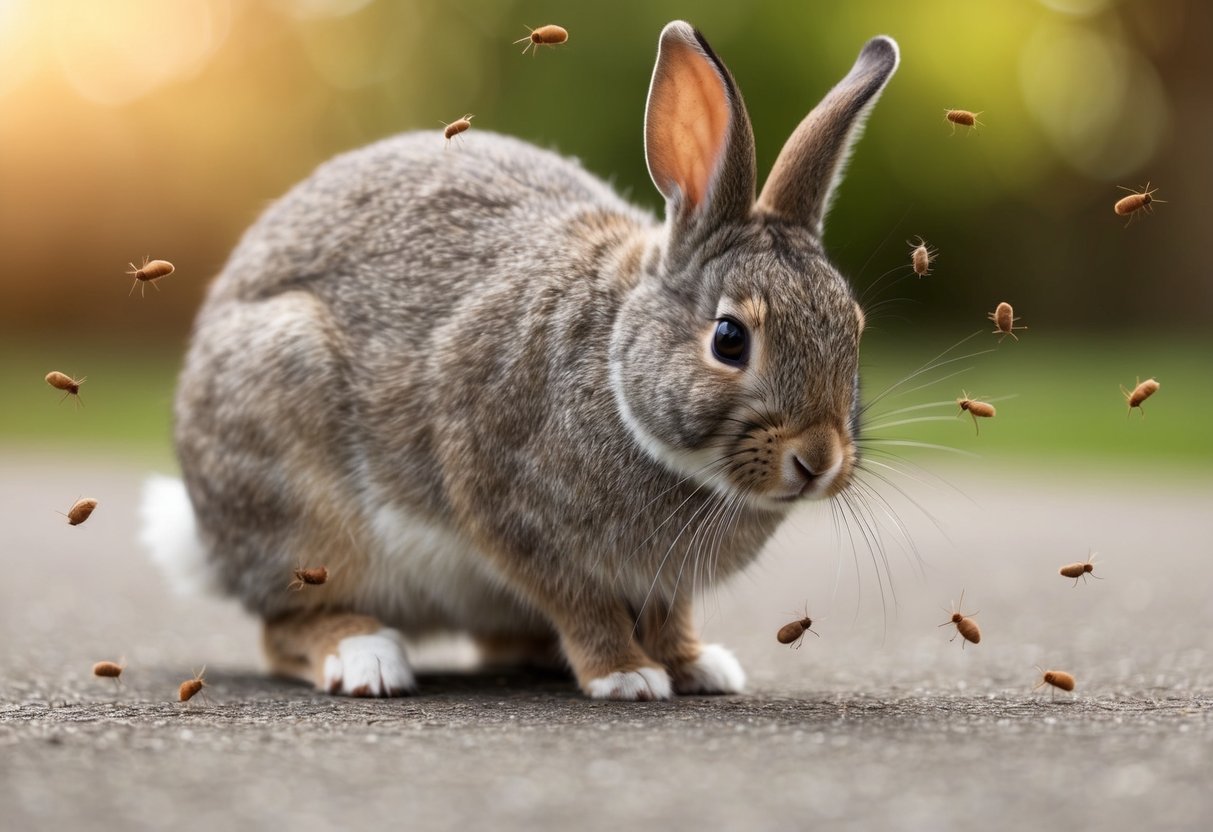 A pet rabbit scratching furiously while tiny fleas jump from its fur