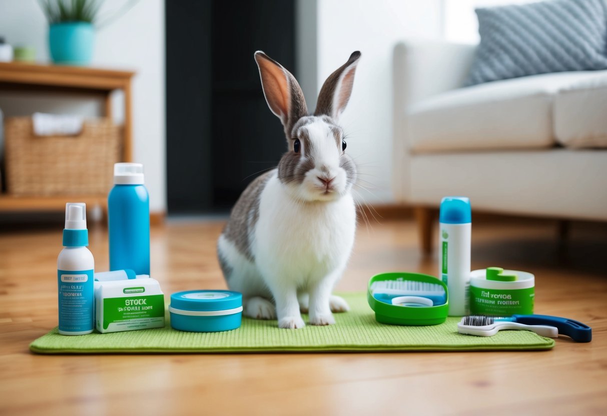 A pet rabbit sitting in a clean and well-maintained living environment, surrounded by flea prevention products such as flea collars, sprays, and grooming tools