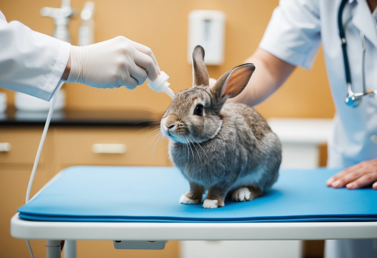 A rabbit sitting on a veterinarian's table while the vet applies flea treatment to its fur