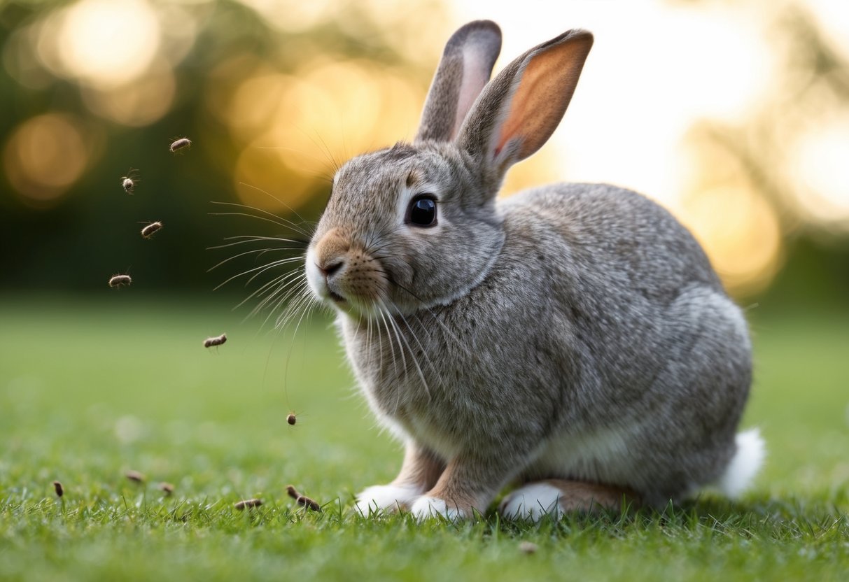 A pet rabbit scratching furiously while tiny fleas crawl in its fur