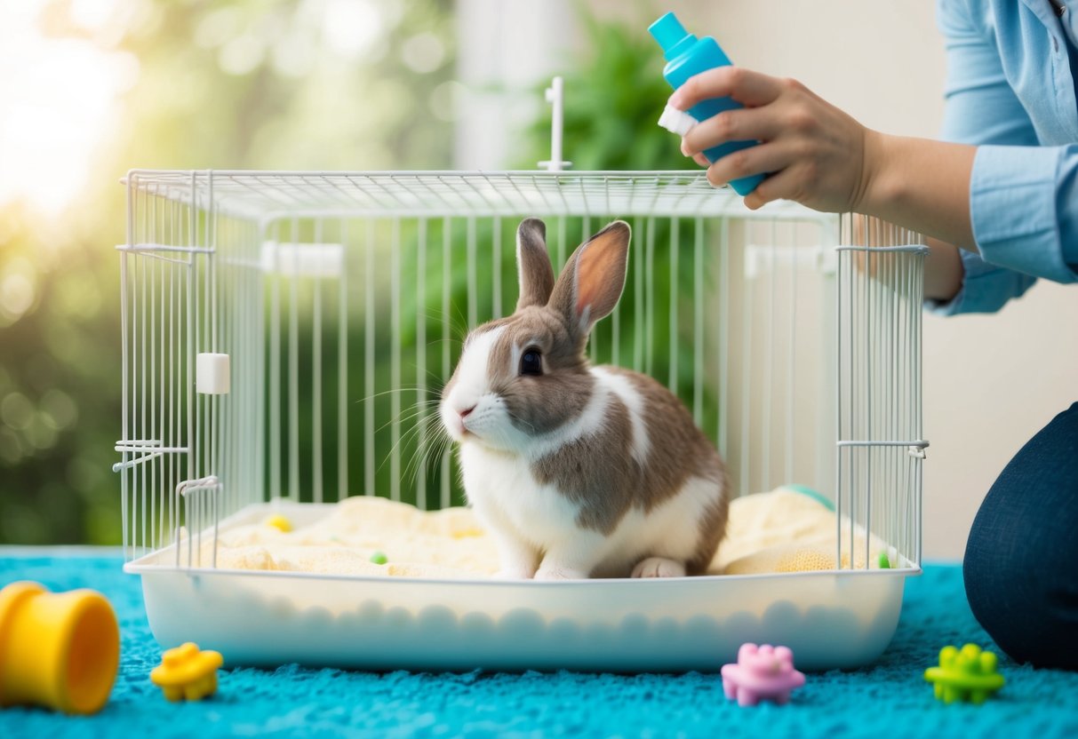 A cute pet rabbit sitting in a clean, well-maintained cage with fresh bedding and toys, while a responsible owner applies flea prevention treatment