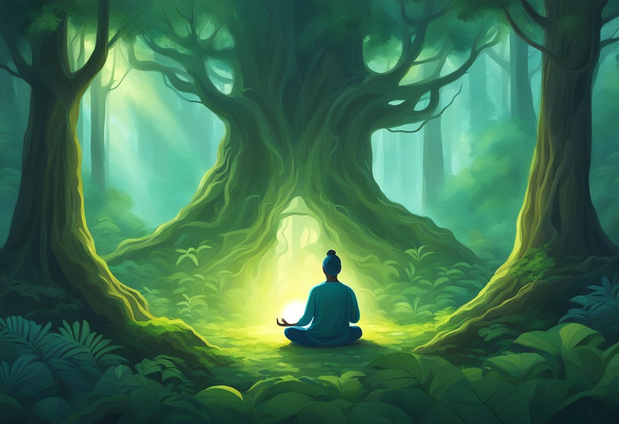 A serene figure meditating in a lush, ancient forest with a glowing, ethereal light emanating from within