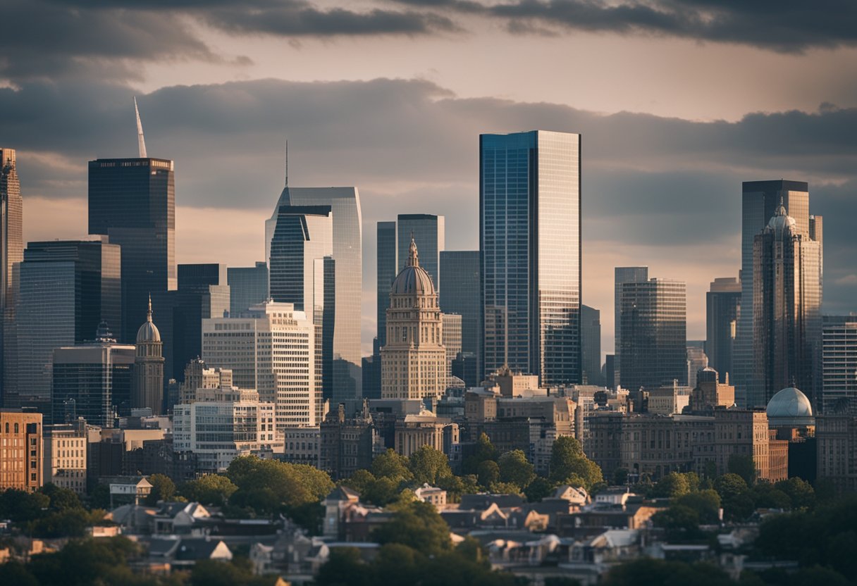 A bustling city skyline with various commercial buildings, some with "For Lease" signs, while business owners and property managers discuss lease renewals