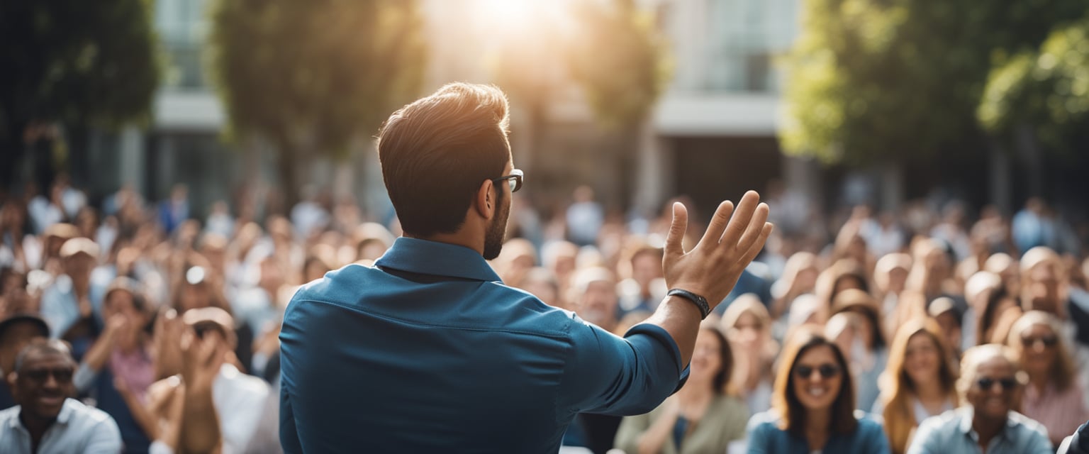 A confident speaker gesturing with open palms to a captivated audience