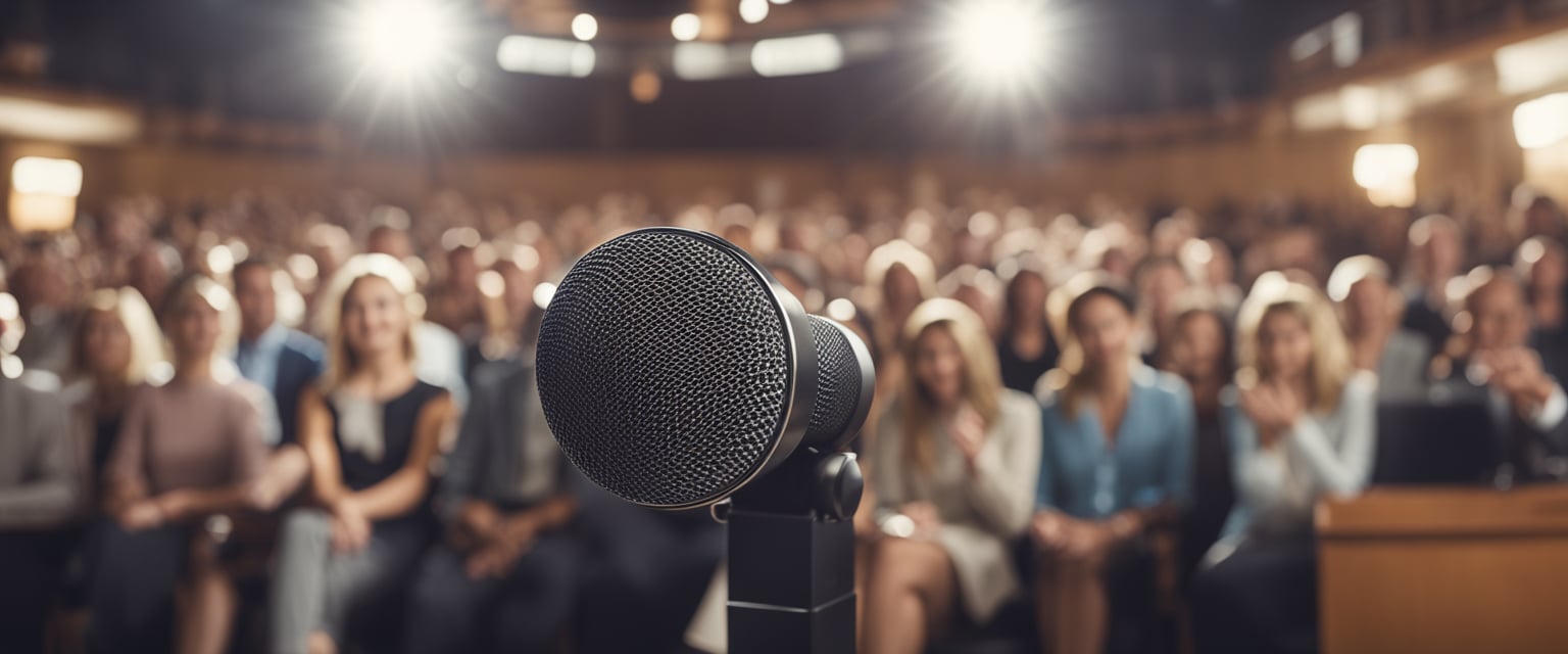 A speaker at a podium, using hand gestures to convey persuasive arguments to an audience