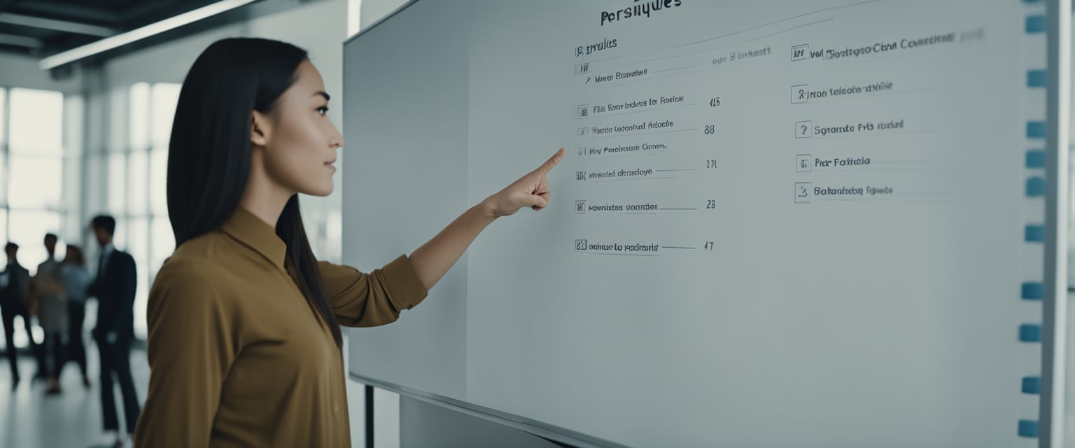A person pointing to a list of persuasive content techniques on a whiteboard
