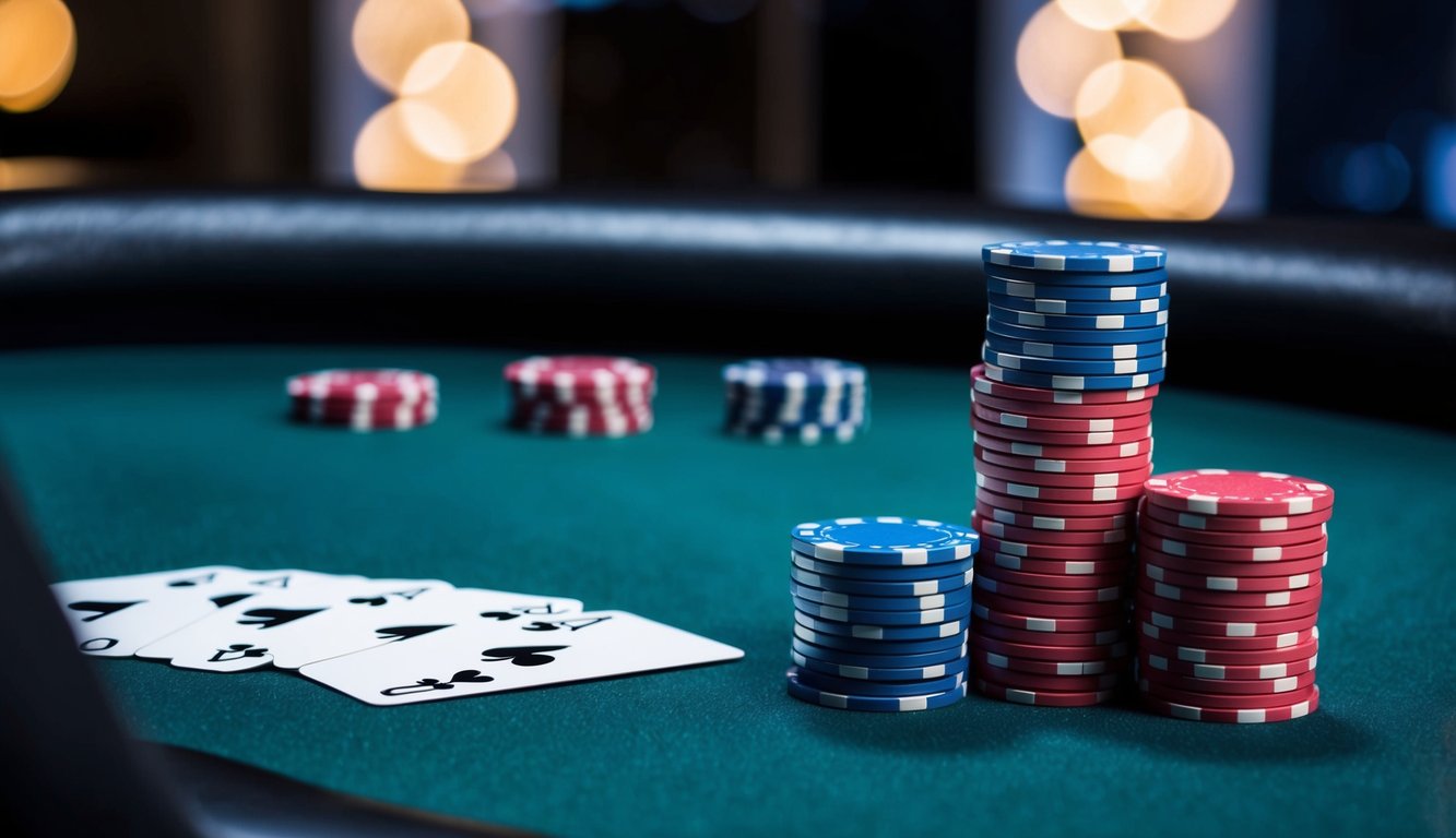 Sebuah meja poker digital dengan kartu yang dibagikan dan chip yang ditumpuk, menunjukkan sistem perjudian online yang adil dan transparan