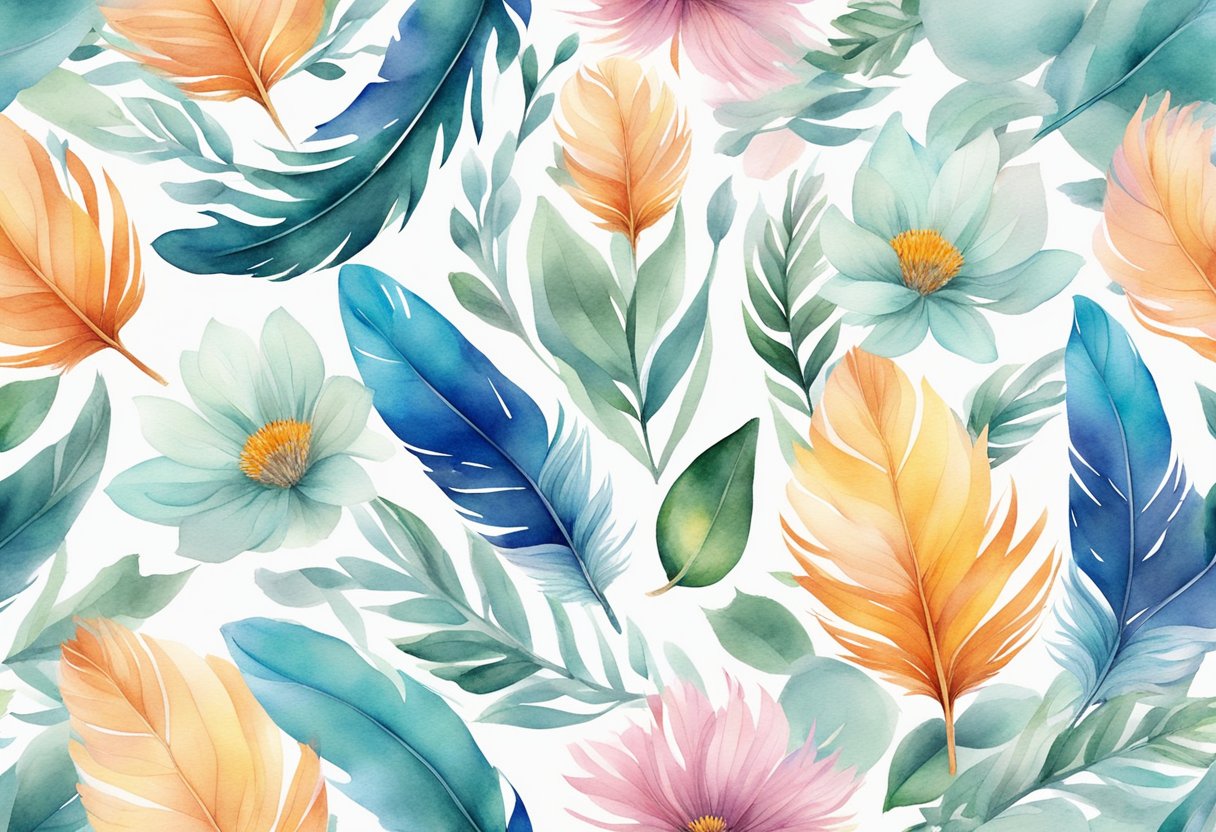 A vibrant watercolor feather surrounded by delicate flowers and leaves, with a soft, dreamy background