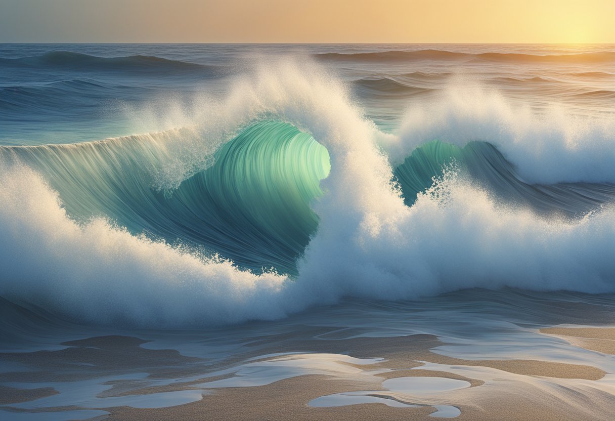 A serene wave breaking against a simple horizon under a clear sky