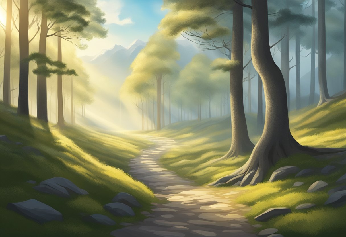 A winding forest path leading into a misty, mountainous landscape. Sunlight filters through the trees, casting dappled shadows on the ground