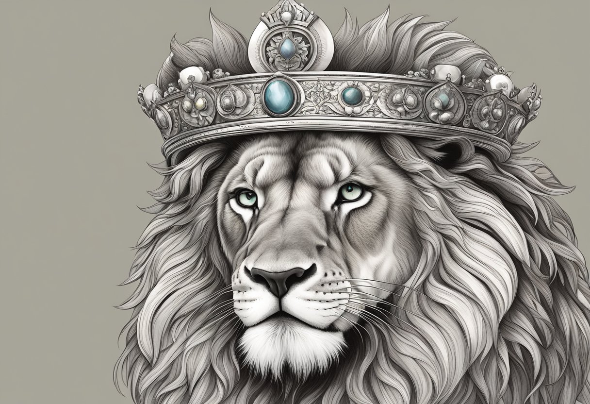 A majestic lion wearing a crown, surrounded by symbols and imagery representing power and royalty