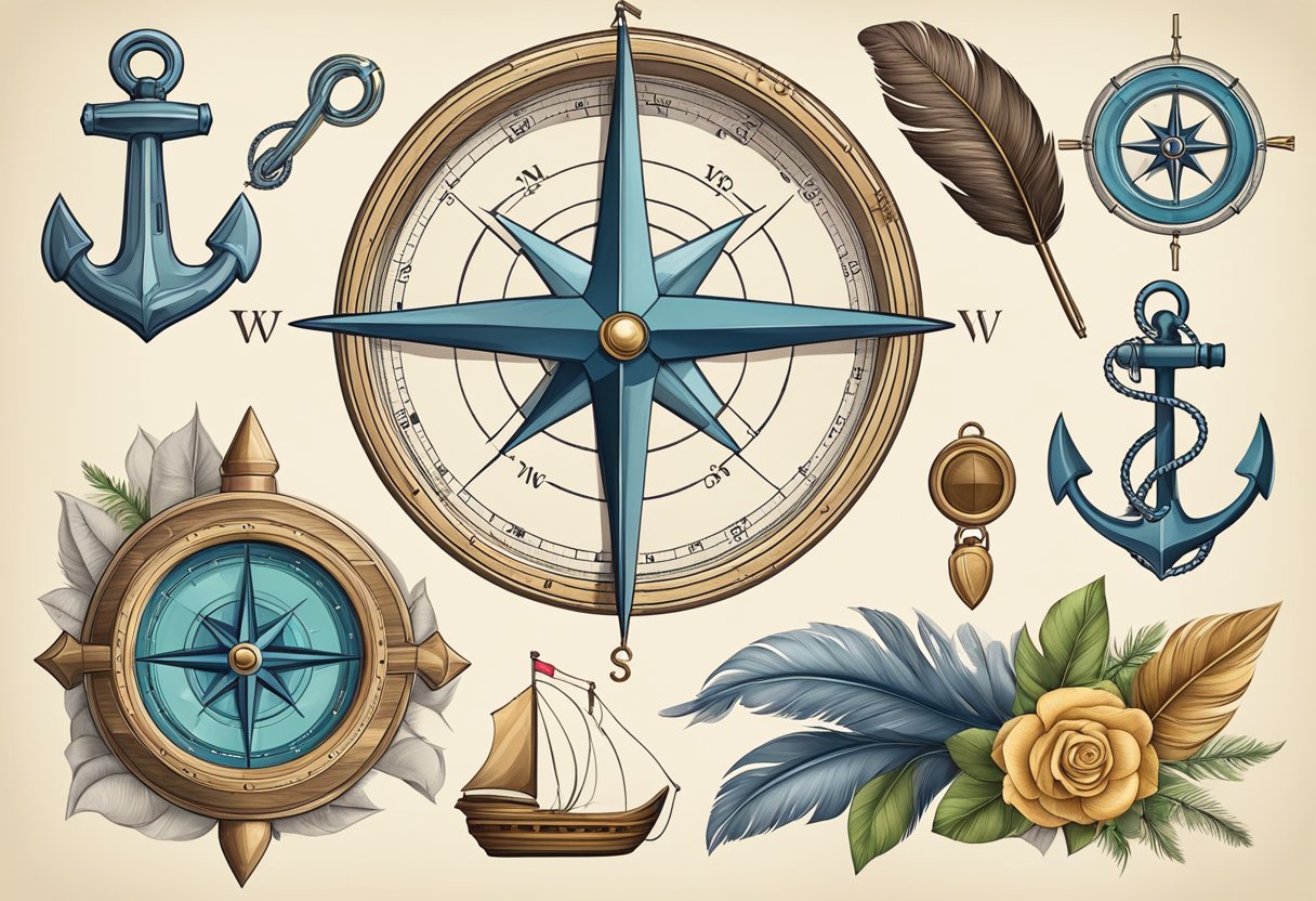 A collection of symbolic objects like a compass, rose, anchor, and feather, arranged artistically