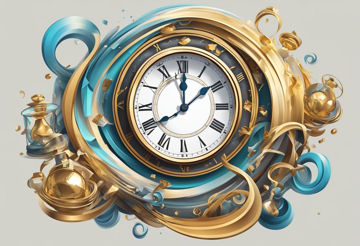 A clock melting into a warped and twisted shape, surrounded by swirling vortexes and fragmented hourglasses