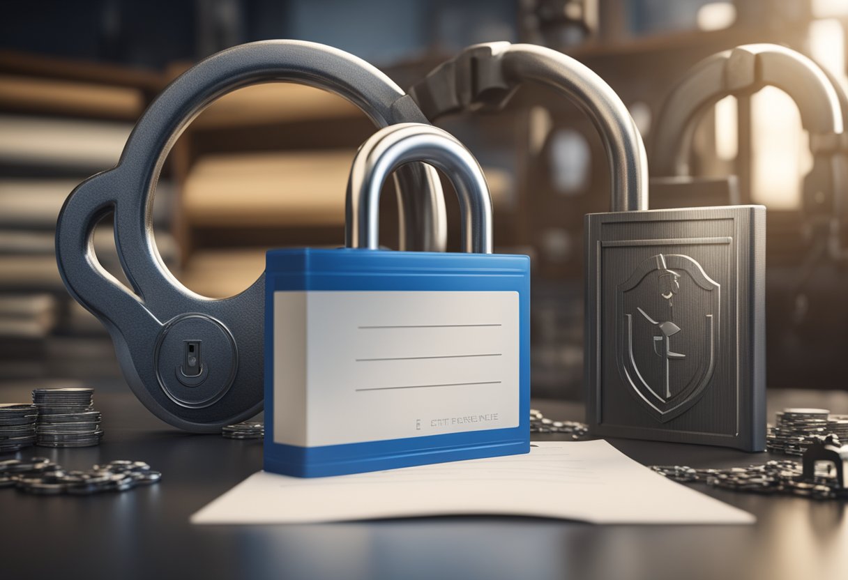 A secure file transfer process with a padlock symbol, shield icon, and legal documents in the background