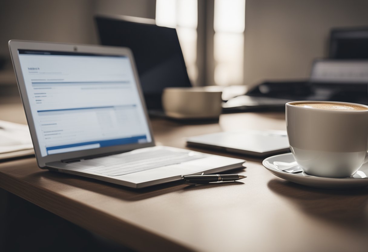 A desk with a laptop open to a landlord insurance policy. A pen and notebook sit nearby. A stack of papers and a cup of coffee complete the scene