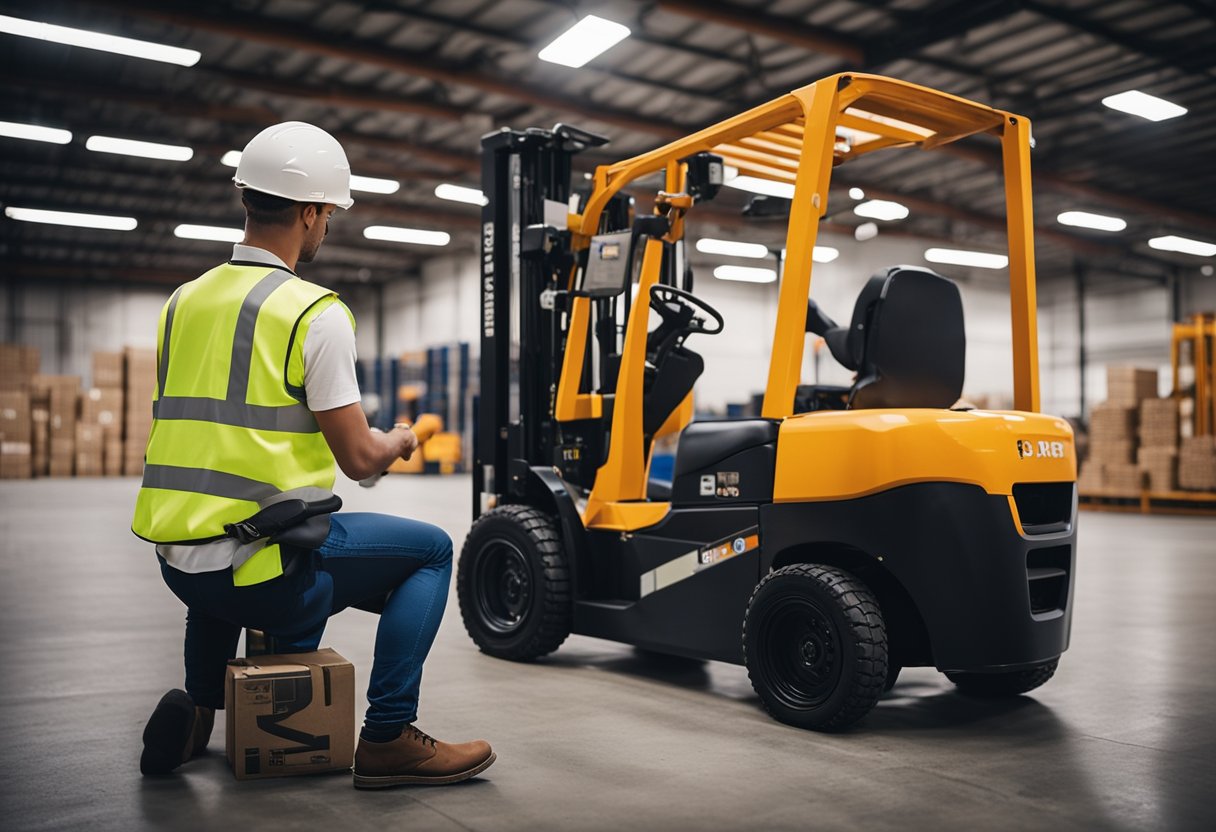 A forklift driving instructor demonstrating safety procedures to a group of students in a warehouse setting