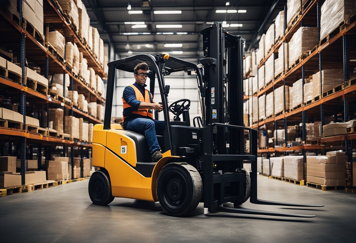 A forklift operator performing a safety check on a forklift in a warehouse, with a checklist and tools nearby