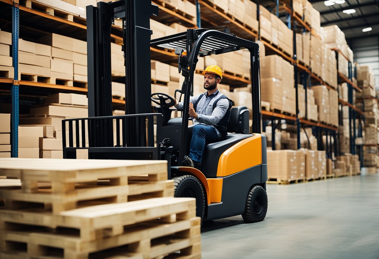 A forklift operator completing a certification test online, surrounded by stacks of pallets and warehouse equipment