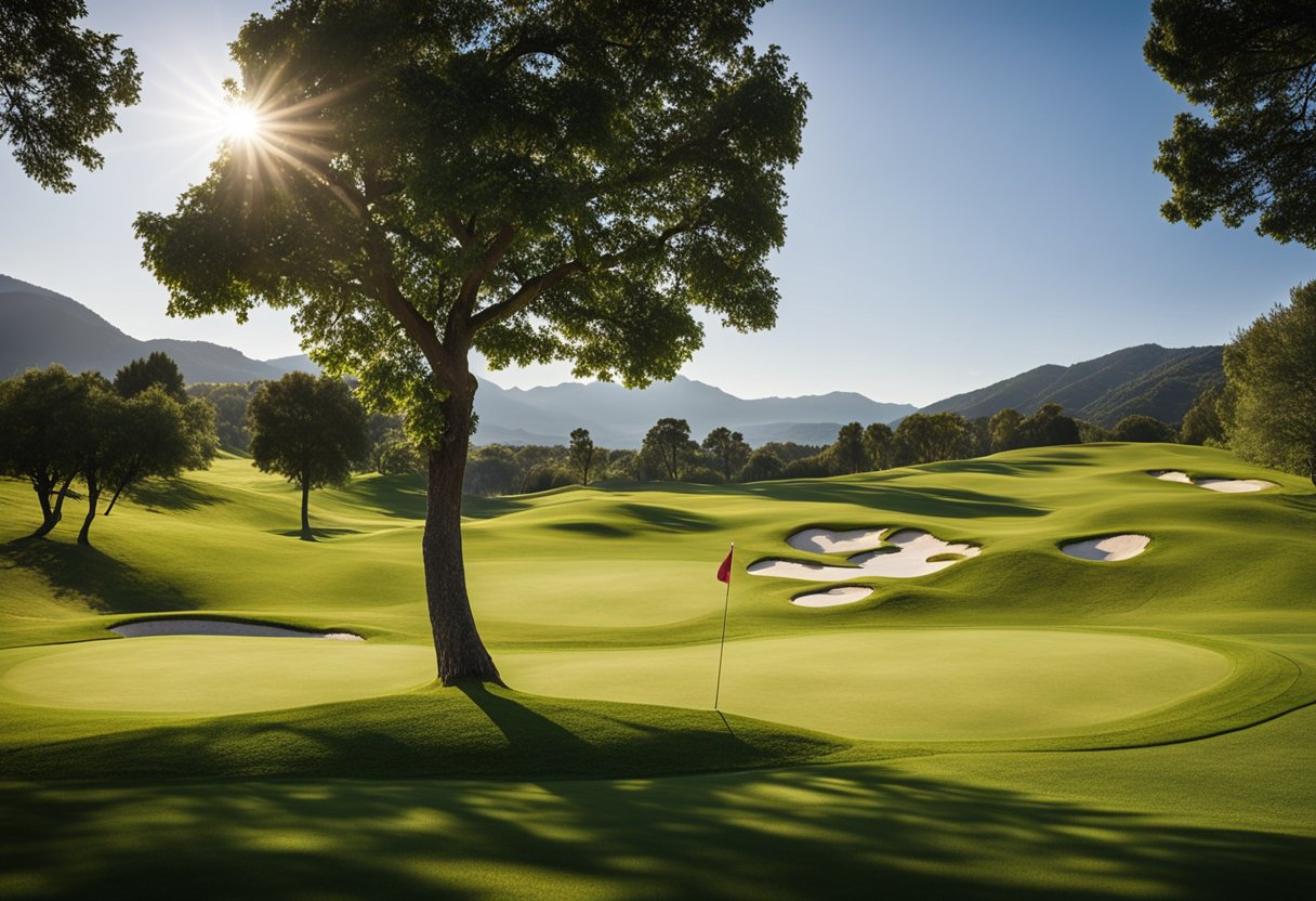 A lush green golf course with rolling hills, surrounded by picturesque mountains and a clear blue sky