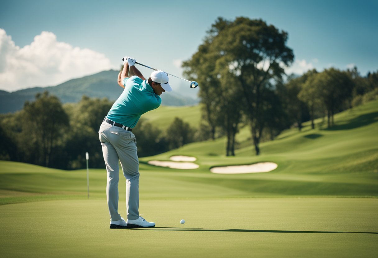 A golfer tees off on a lush green golf course, surrounded by rolling hills and a bright blue sky