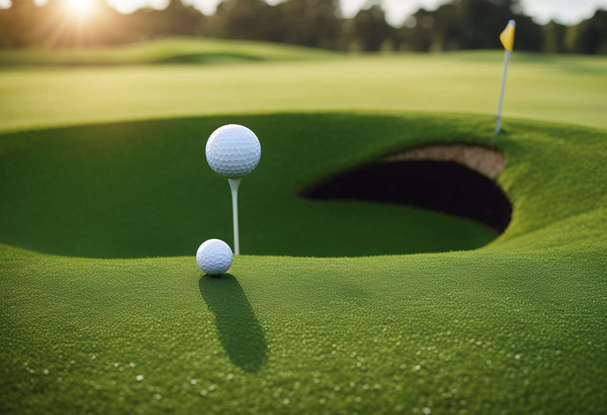 A golf ball rolling into a hole on a green, with a flagstick in the background