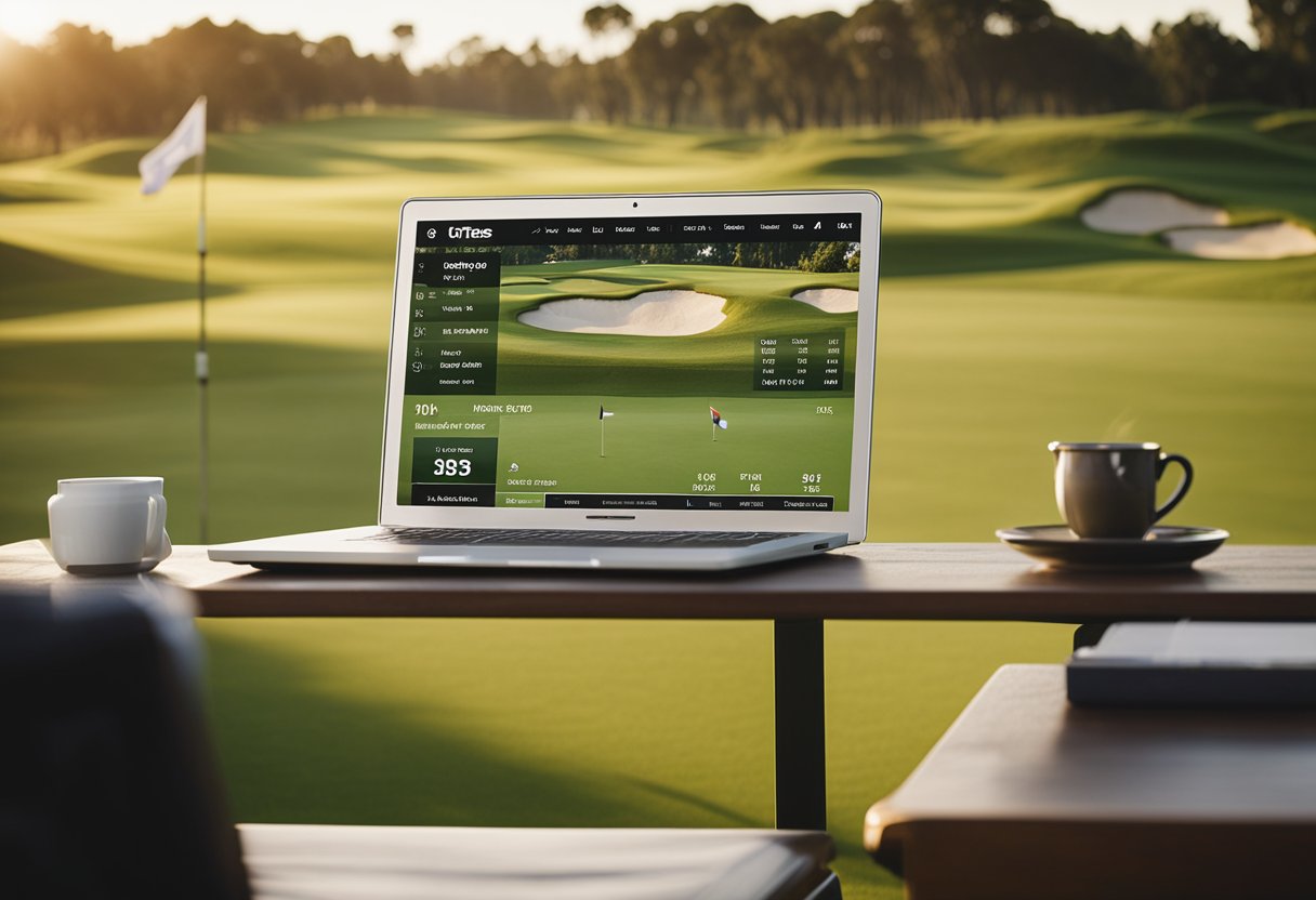 A golfer selects tee times on the Tee Bookings website, with a golf course in the background