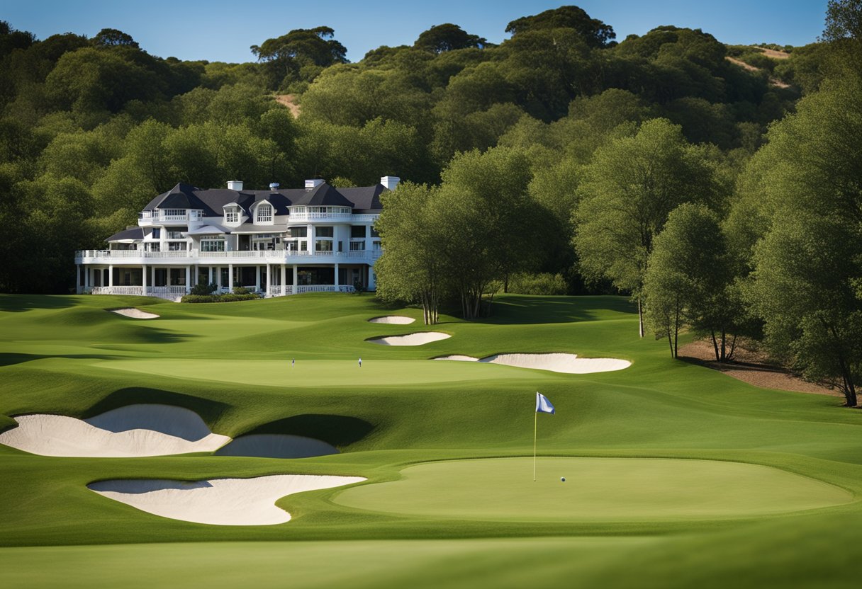 A golf course with lush green fairways, a clear blue sky, and a clubhouse in the distance