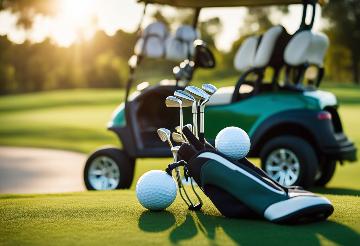 A golf bag with clubs, tees, and a towel sits next to a golf cart on a lush green fairway. The sun shines down on the well-manicured course