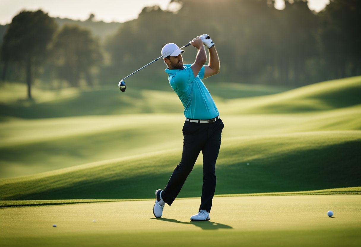 A golfer swinging a club on a lush green fairway, with a clear blue sky and rolling hills in the background