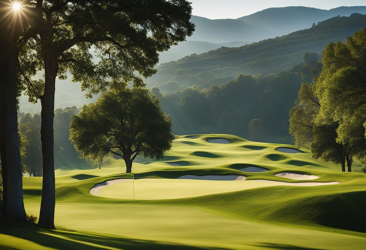 A lush green golf course with flags marking various holes, surrounded by trees and rolling hills, with a clear blue sky overhead