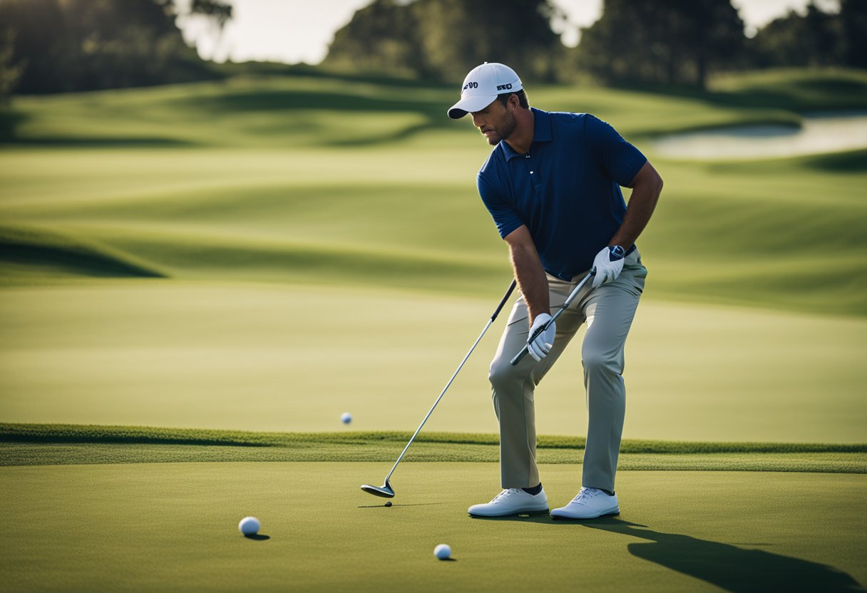 A golfer replacing a divot on a well-manicured fairway