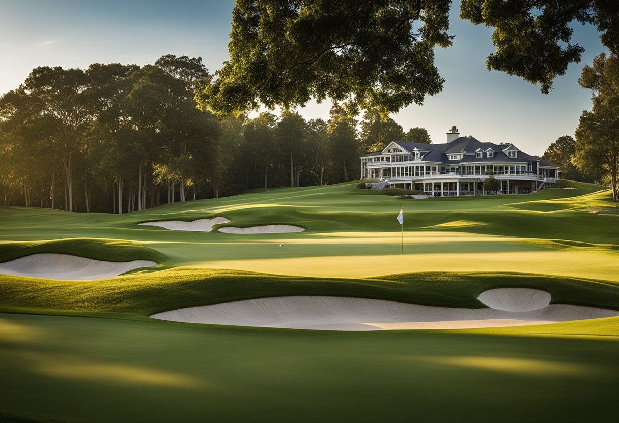 A golf course with lush green fairways, a clubhouse with a pro shop, and a putting green. Members enjoying discounted rates and exclusive access to events