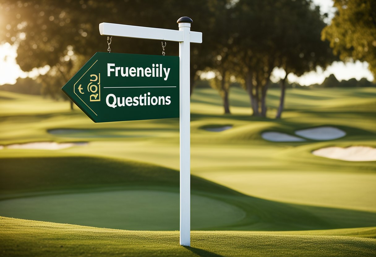 A golf course with a sign reading "Frequently Asked Questions" near the clubhouse. Golfers and staff are visible in the background