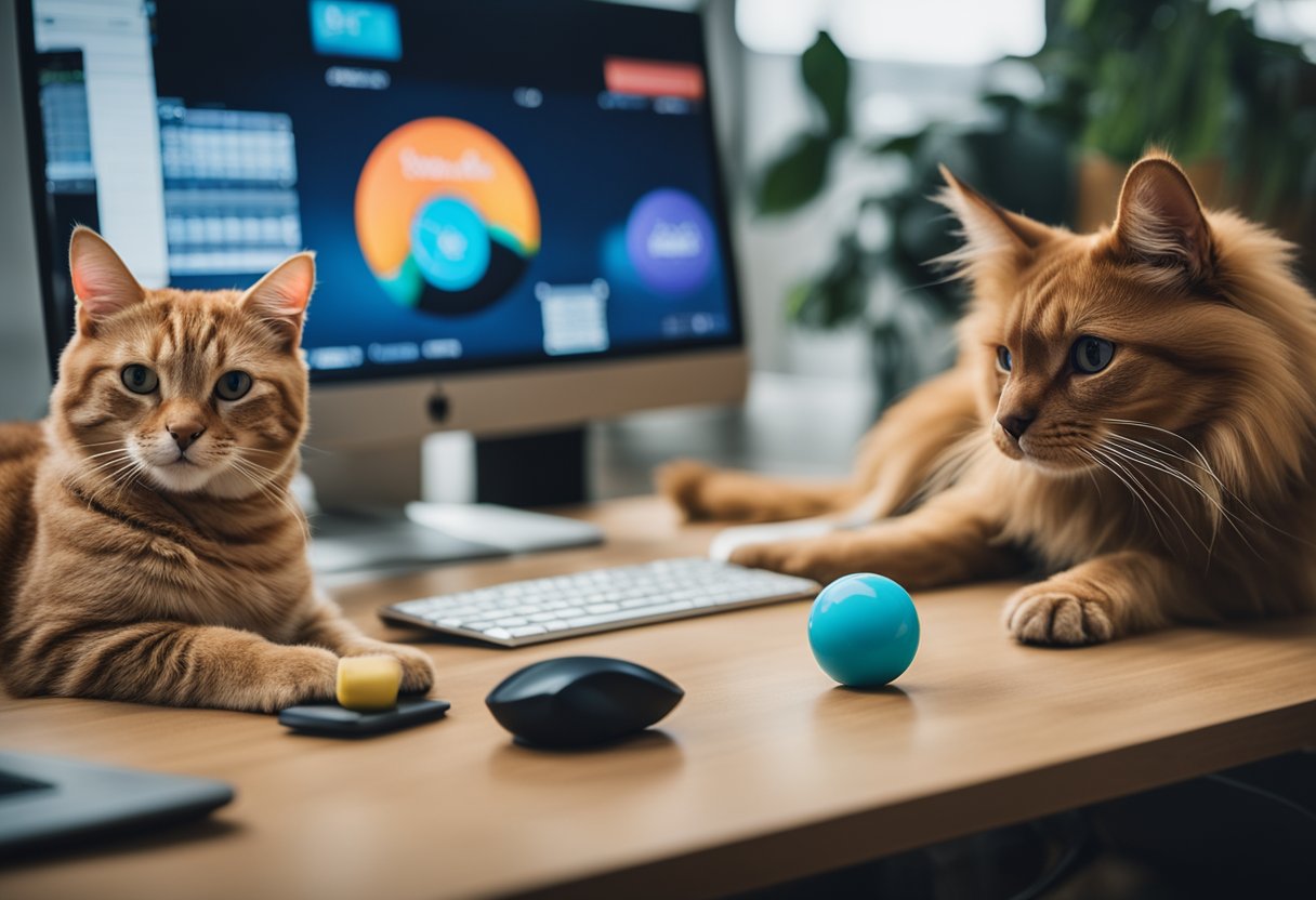 A cat and dog sit beside a computer, surrounded by pet toys and supplies from Pet Co NZ