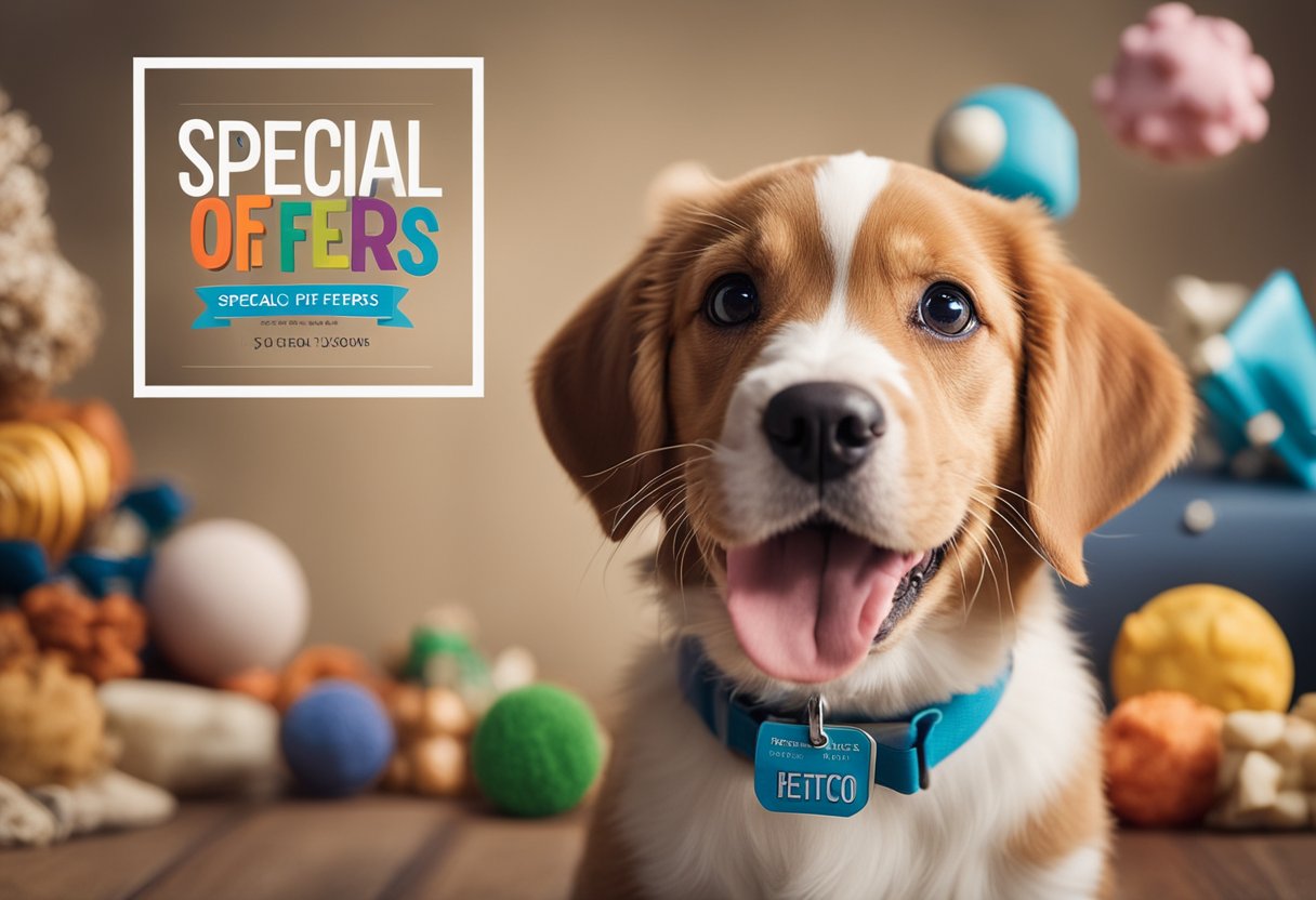 A playful puppy surrounded by pet toys and treats, with a banner displaying "Special Offers" above the petco.nz logo