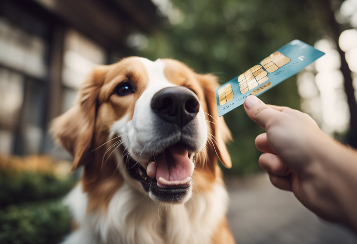 A happy dog receiving a treat from a hand with a payment card nearby