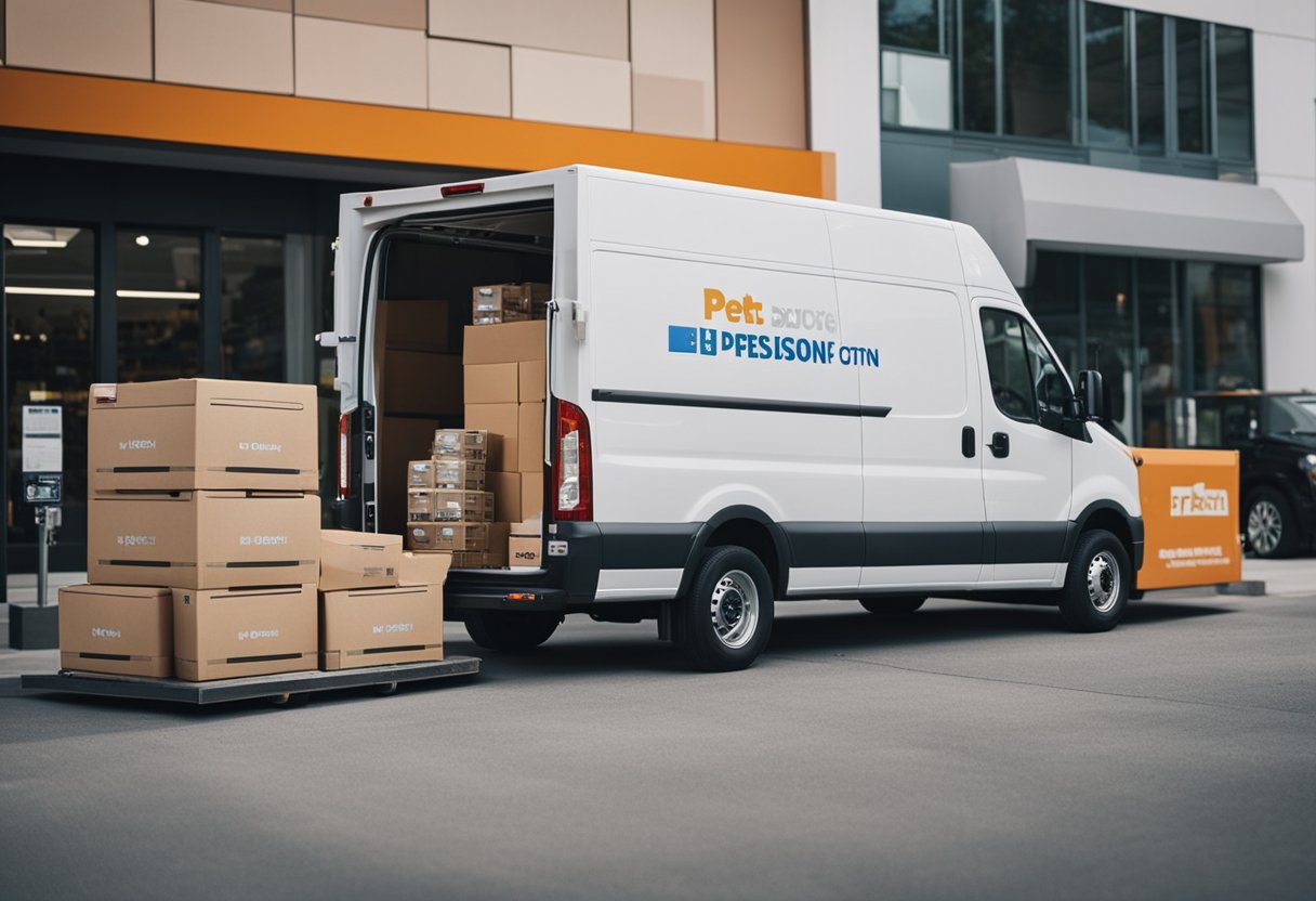 A delivery truck parked outside a pet store, with workers unloading boxes of pet supplies