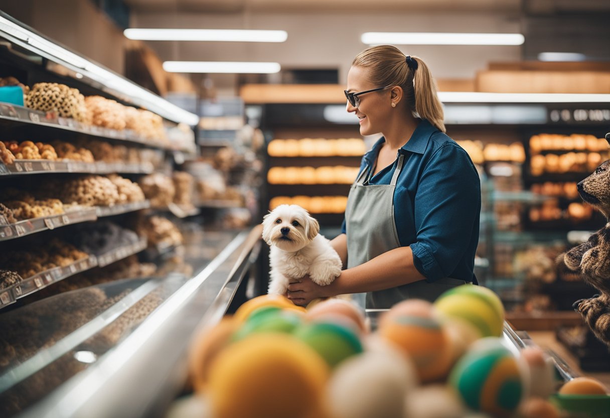 A customer returning a pet toy at a pet store counter