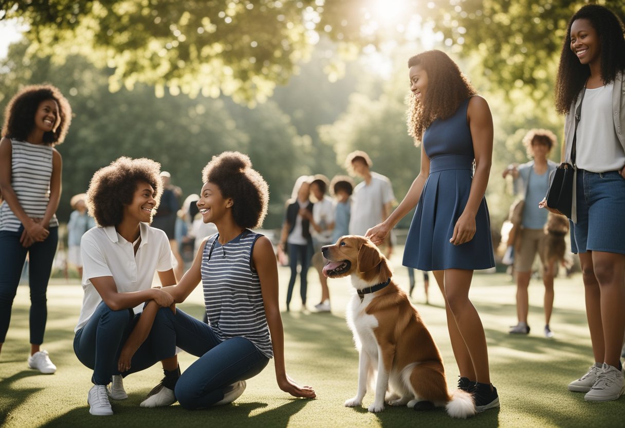 A diverse group of people and pets gather in a park, engaging in activities such as playing, walking, and socializing