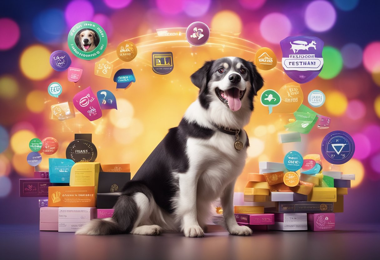 A happy dog with a wagging tail sits beside a pile of glowing customer testimonials and a trust badge, all against a backdrop of vibrant pet products